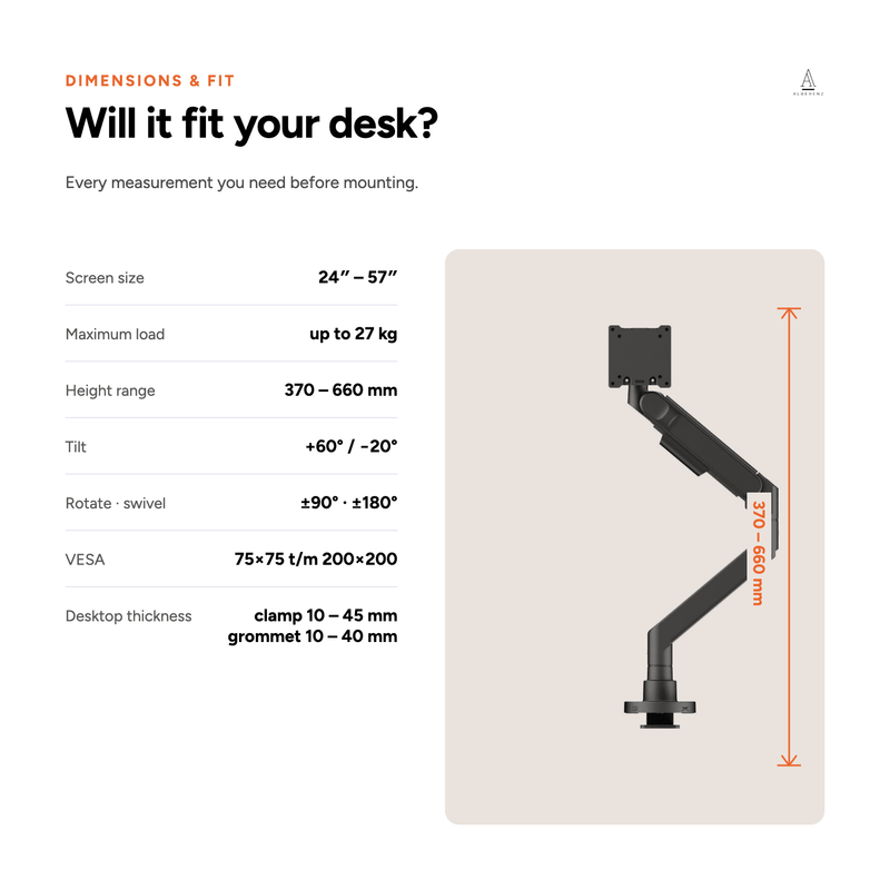 Alberenz® Heavy Duty monitorbeugel met gasveer (tot 57 inch)