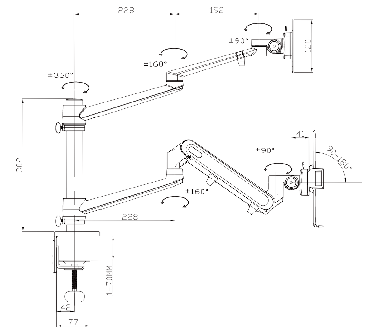 Past de arm op jouw bureau, en jouw scherm en laptop erop?