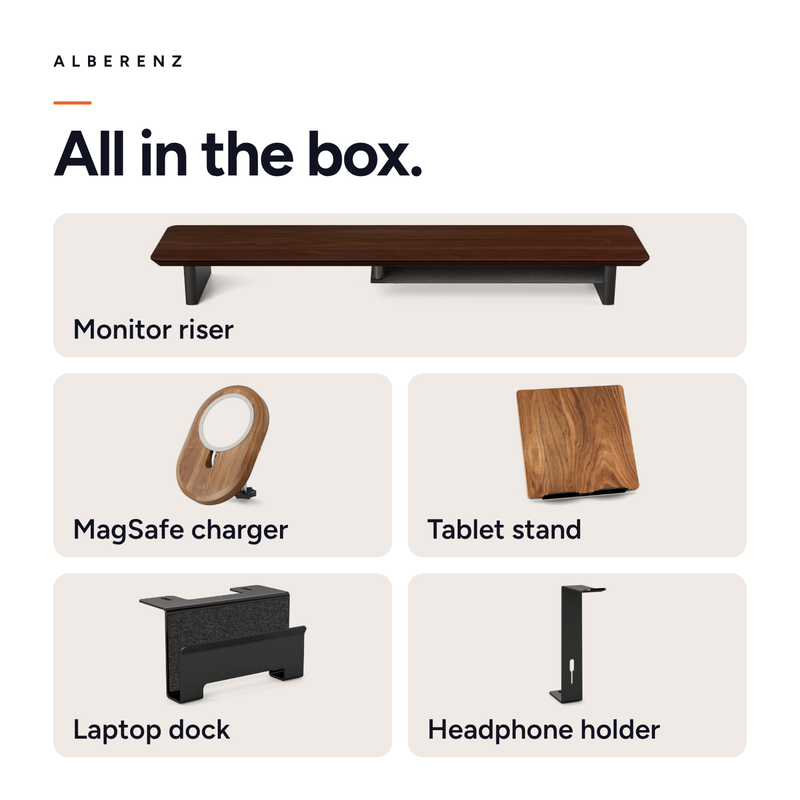 Bundel: monitorverhoger van walnoot + MagSafe-oplader + laptopstandaard + tablethouder + hoofdtelefoonhouder