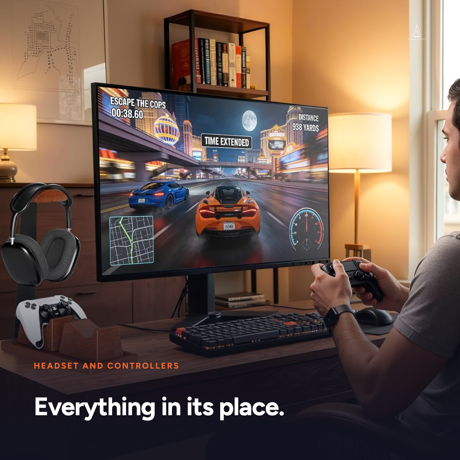 EN 02 — Headphone stand holding a gaming headset and two controllers on a desk