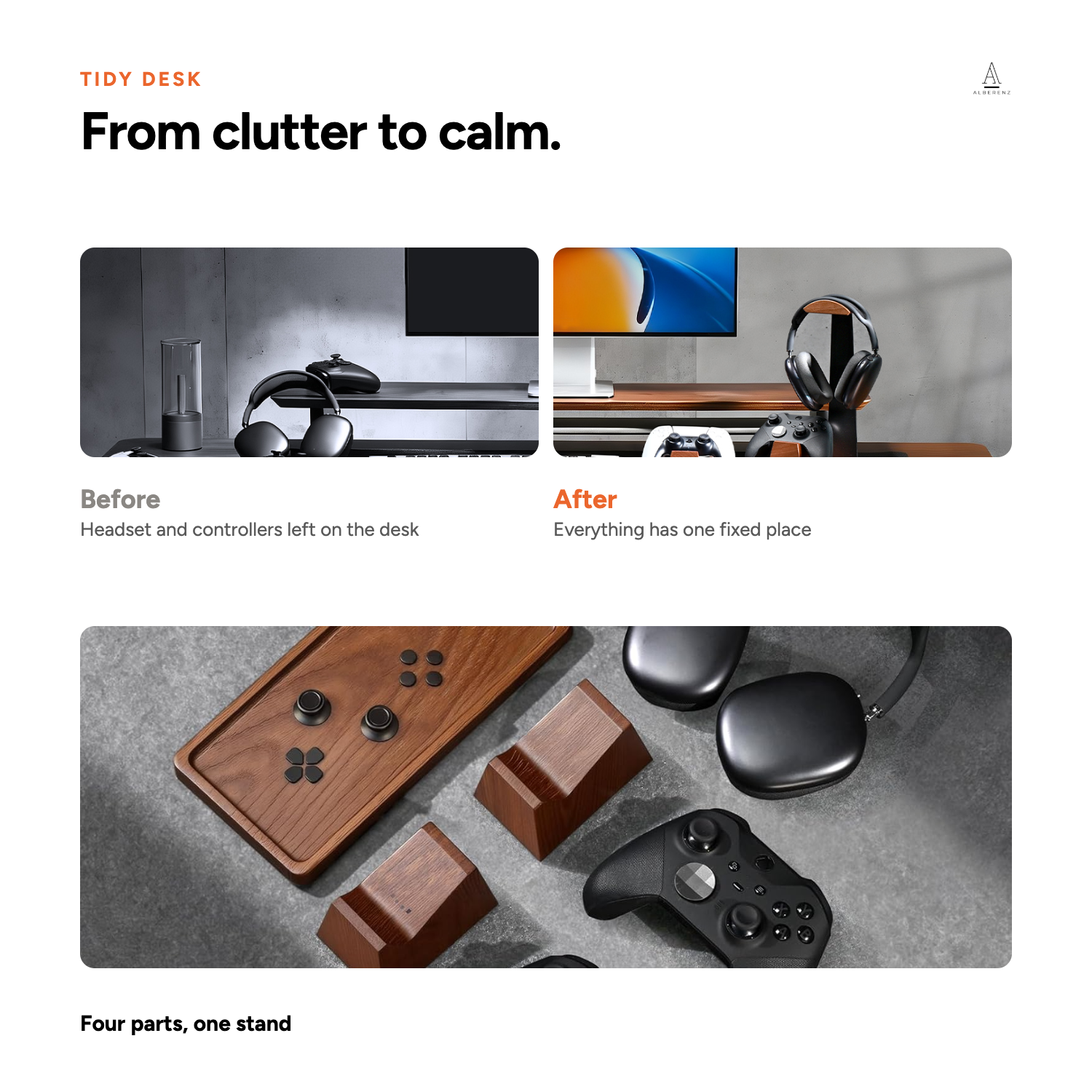 EN 08 — Before and after: cluttered desk versus headset and controllers stored in one place