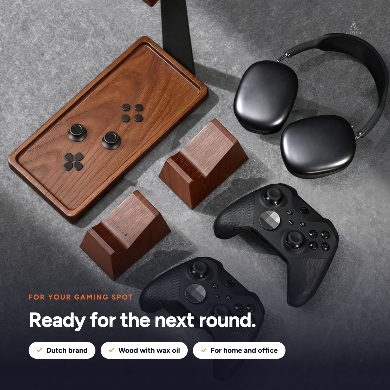 EN 09 — Headphone stand on a gaming desk setup, wood and matte black steel