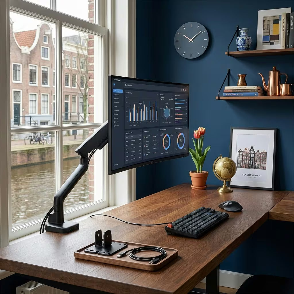 Alberenz® Enkele Monitorarm - Tot 40 inch - met USB-C & USB-A - Zwart