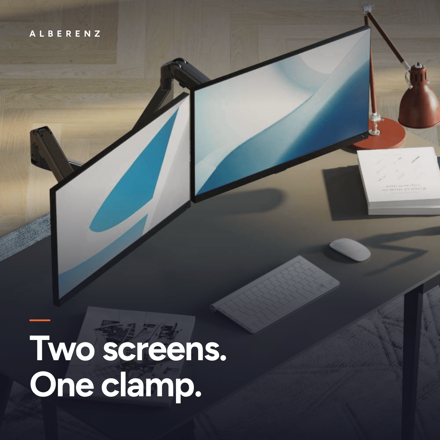 Dual monitor desk mount Alberenz on a desk: two screens on one base and more free workspace