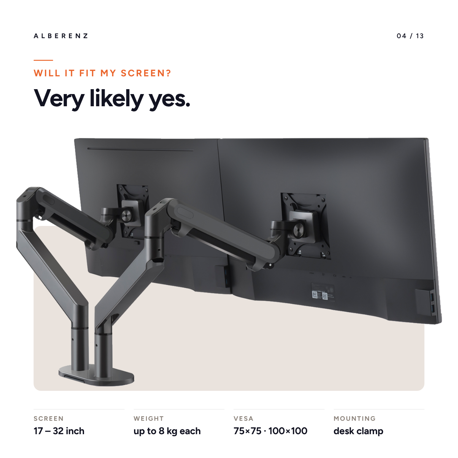 Dual monitor arm Alberenz specs: 17 to 32 inch, up to 8 kg per arm, VESA 75x75 and 100x100, desk clamp