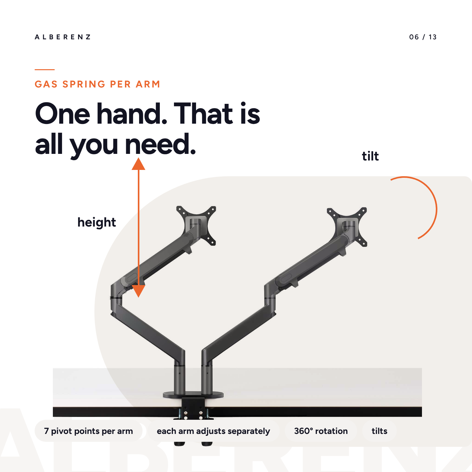 Gas spring monitor arm Alberenz: height, tilt and 360 degree rotation with one hand per arm