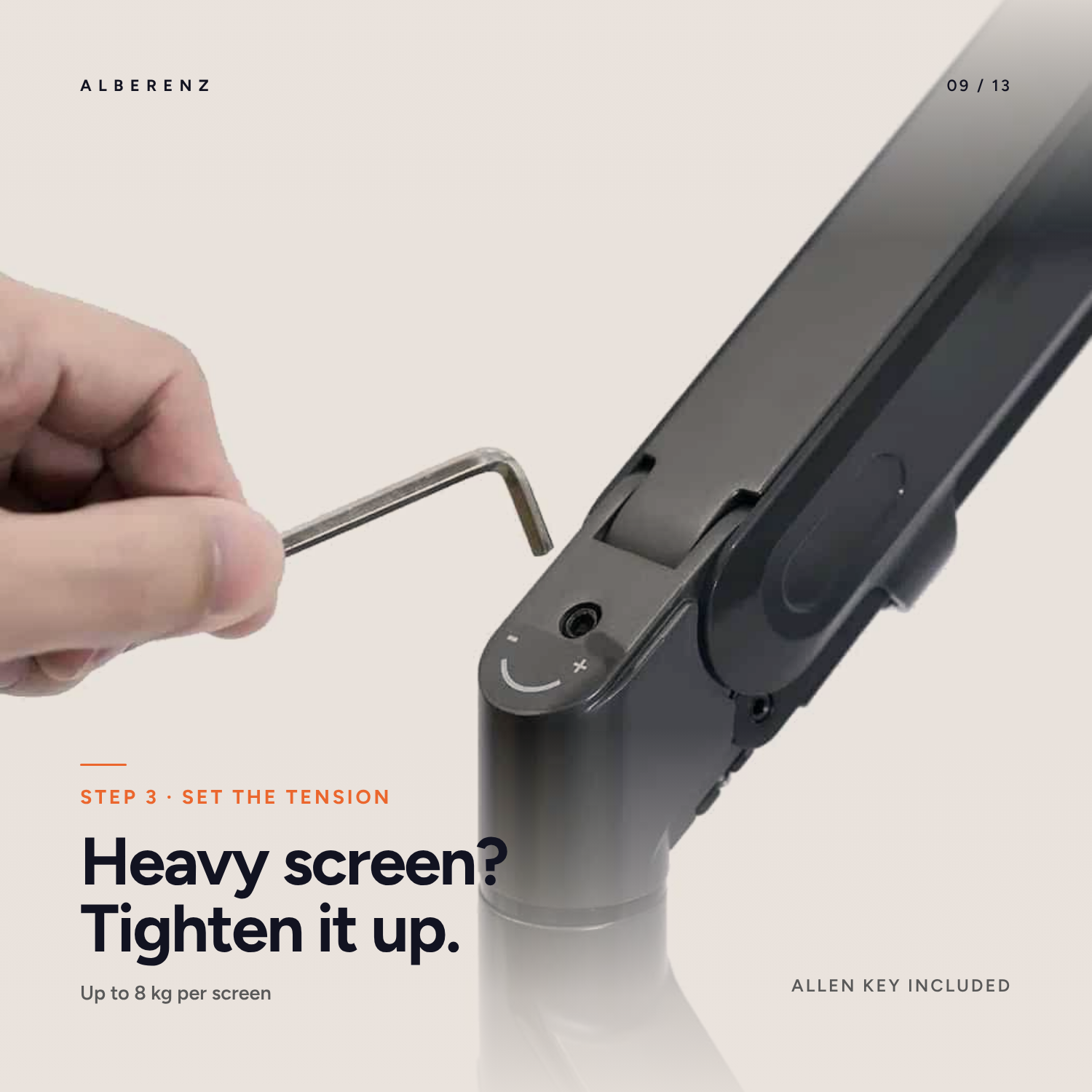 Setting the gas spring tension with the hex key on the Alberenz dual monitor arm, up to 8 kg per screen