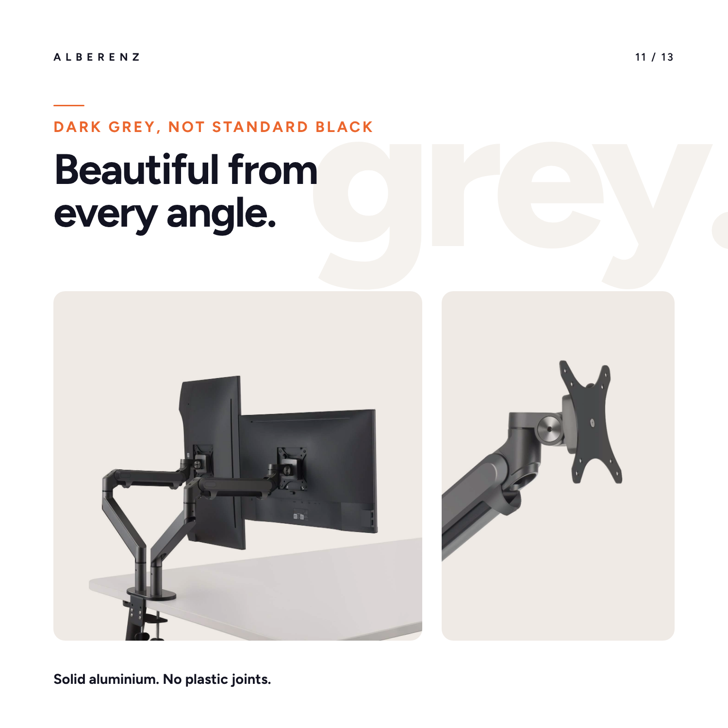 Dark grey aluminium finish of the Alberenz dual monitor arm, hinge and clamp in detail