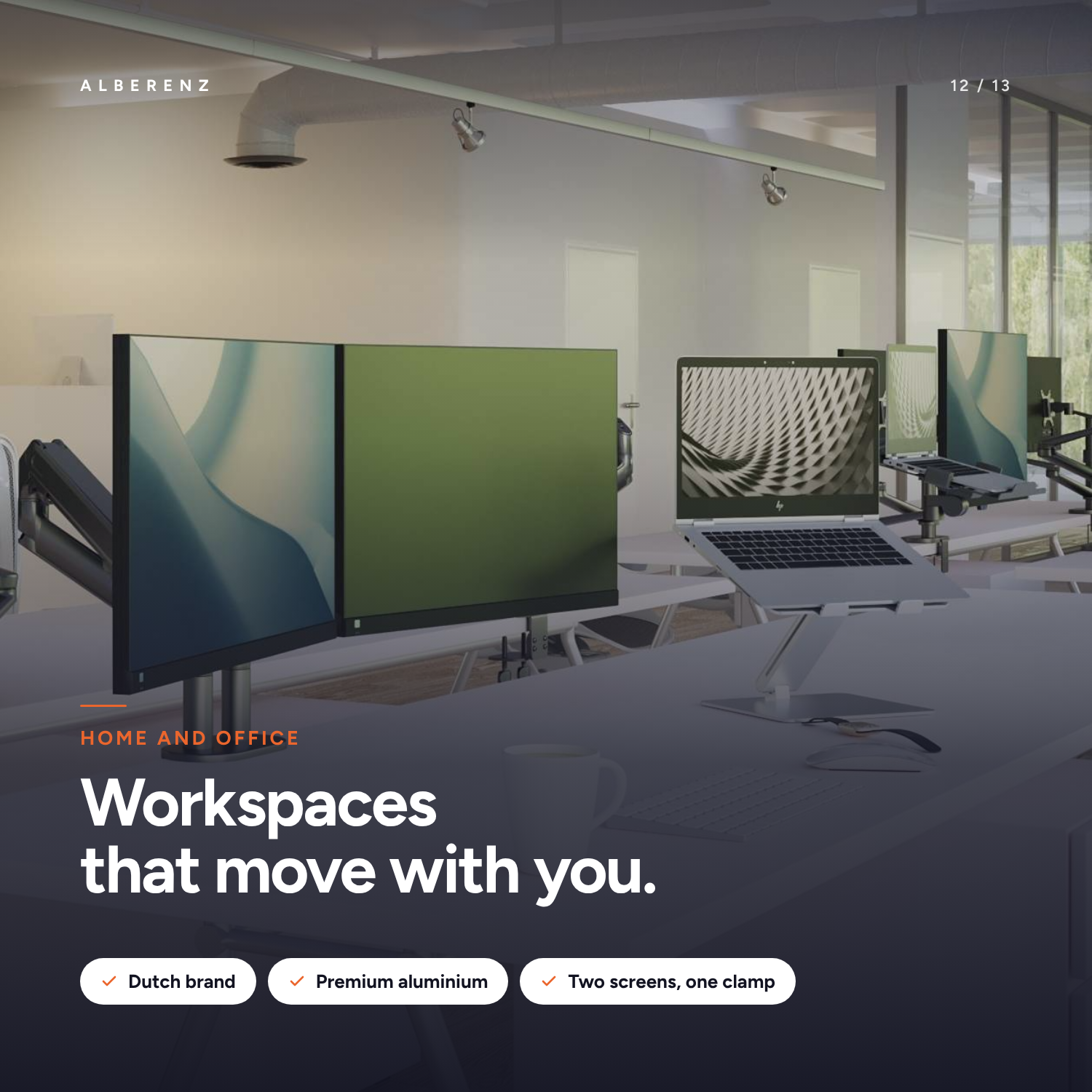 Alberenz dual monitor arms on office workstations, Dutch brand for home and office