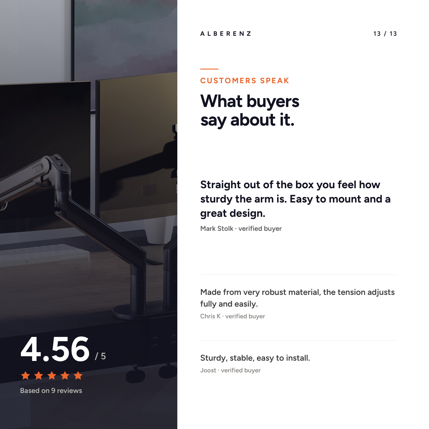 Customer reviews Alberenz dual monitor arm: 4.56 out of 5 based on 9 reviews
