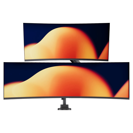 Alberenz Dual Heavy Duty dual monitor arm with two curved screens, front view on a white background