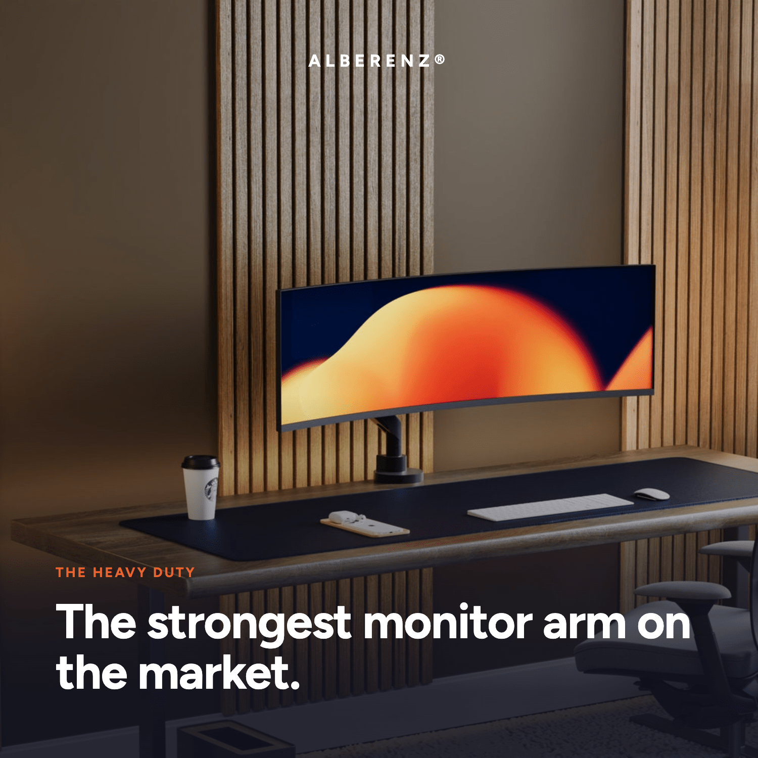 Alberenz Heavy Duty ultrawide monitor arm holding a 49 inch screen on a desk