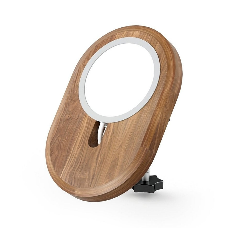 Alberenz walnut MagSafe charger mount with clamp: front view