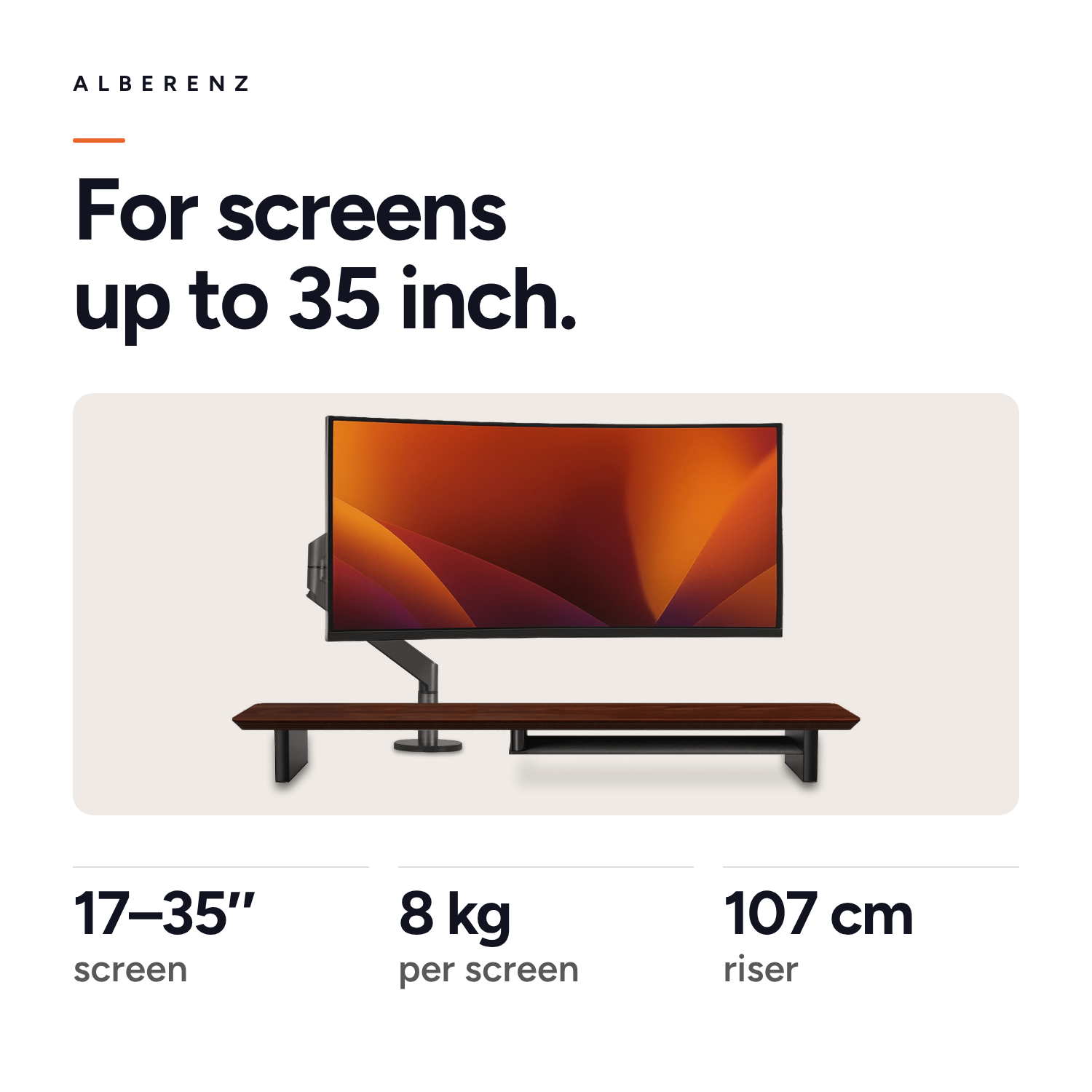 Alberenz gas spring monitor arm dark grey with walnut monitor riser: for screens from 17 to 35 inch, up to 8 kg, riser 107 cm