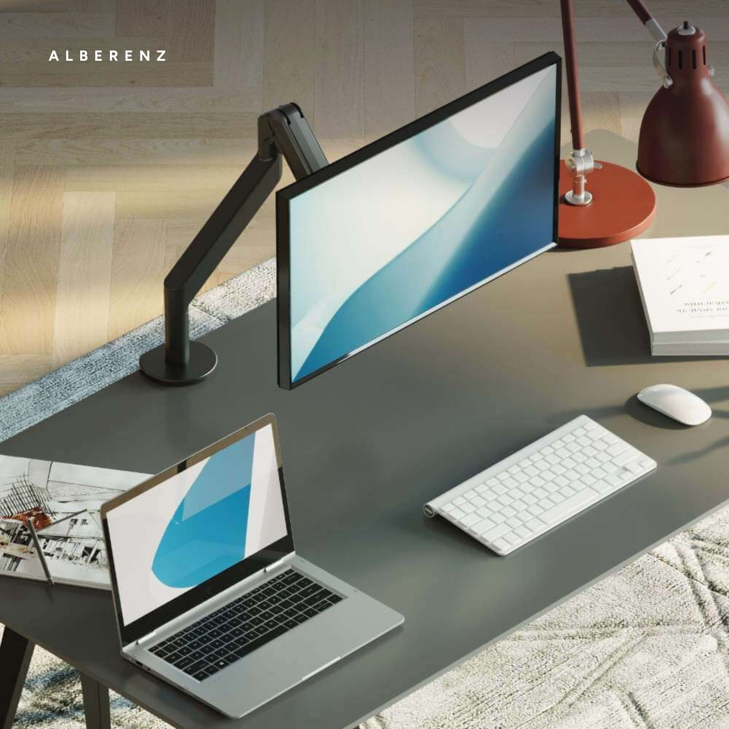 Alberenz gas spring monitor arm dark grey with walnut monitor riser: desk scene seen from above