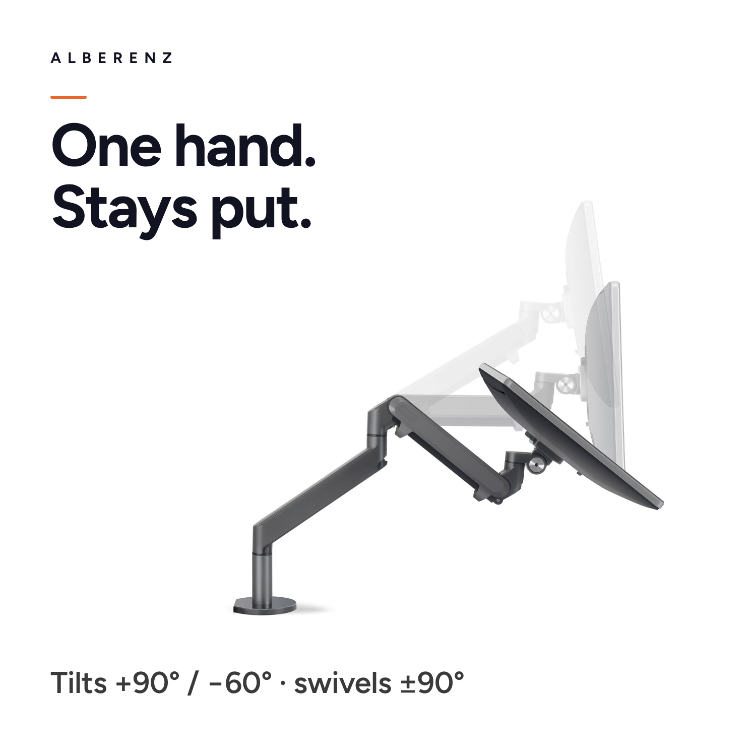 Alberenz monitor arm and walnut riser: tilts +90/−60 degrees and swivels ±90 degrees with one hand