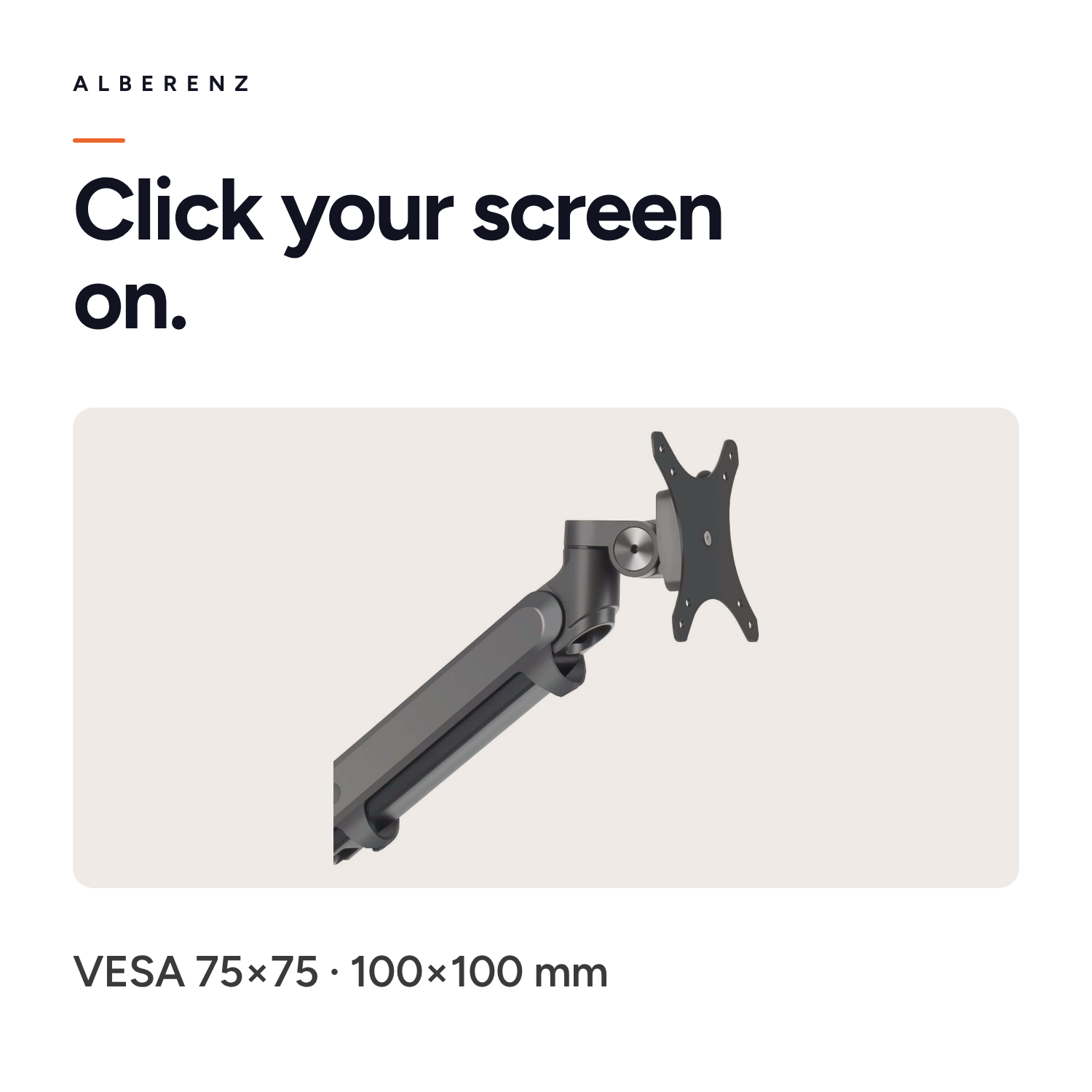 Alberenz gas spring monitor arm dark grey with walnut monitor riser: VESA head 75x75 and 100x100 mm