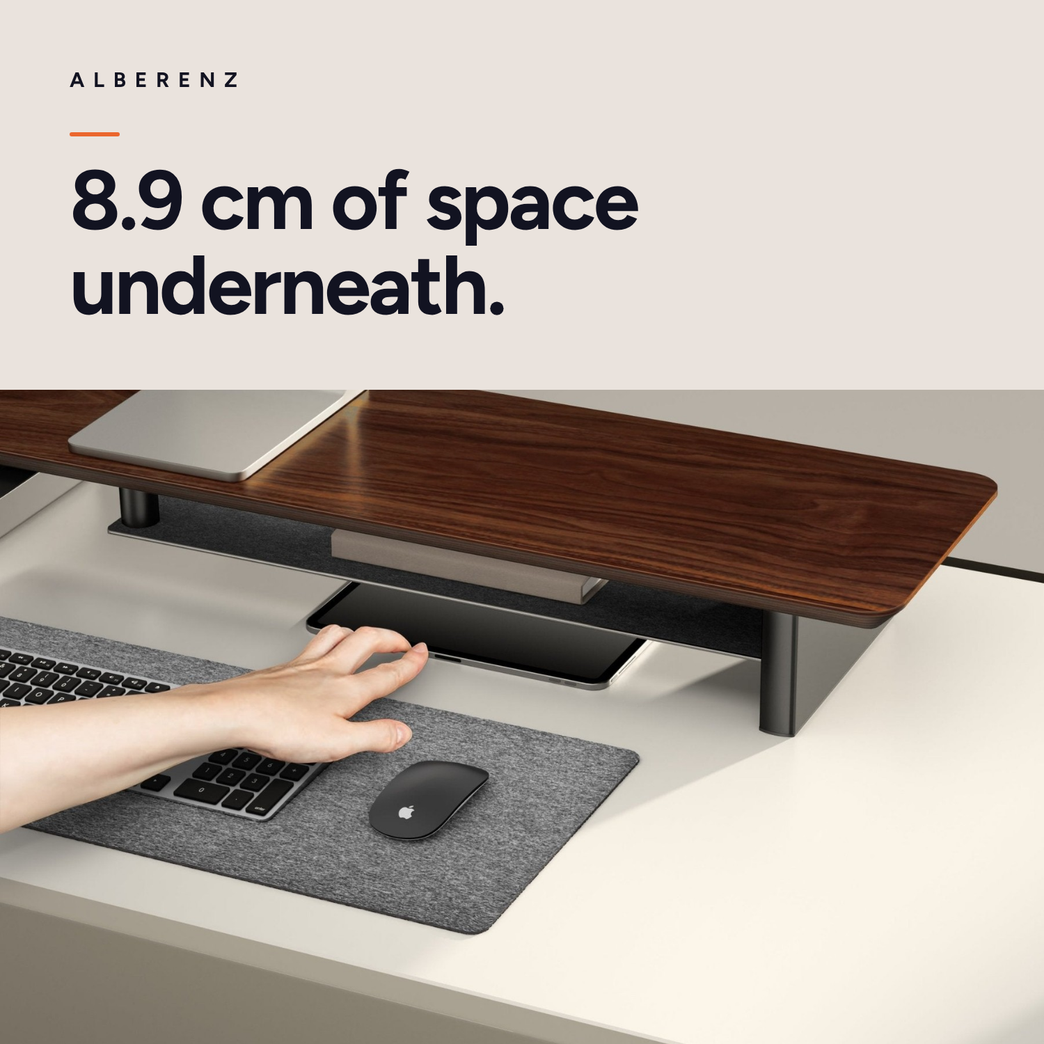 Alberenz gas spring monitor arm dark grey with walnut monitor riser: keyboard fits under the riser, 8.9 cm of space