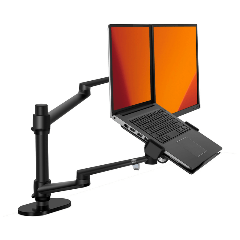 Alberenz monitor arm with laptop tray, black: front view with screen and laptop