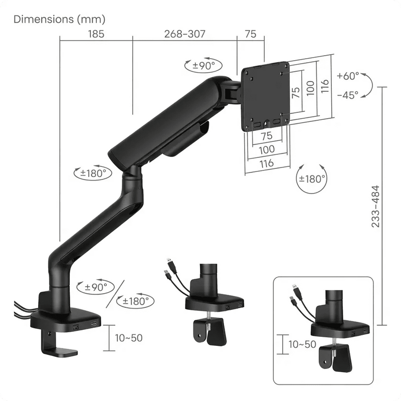 Alberenz® Enkele Monitorarm - Tot 40 inch - met USB-C & USB-A - Zwart