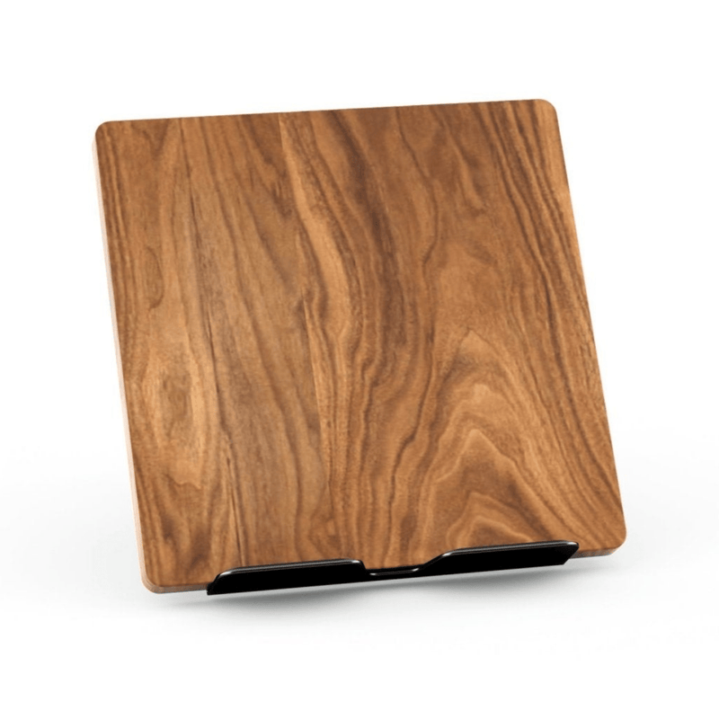 Alberenz walnut tablet stand with steel clamp: front view