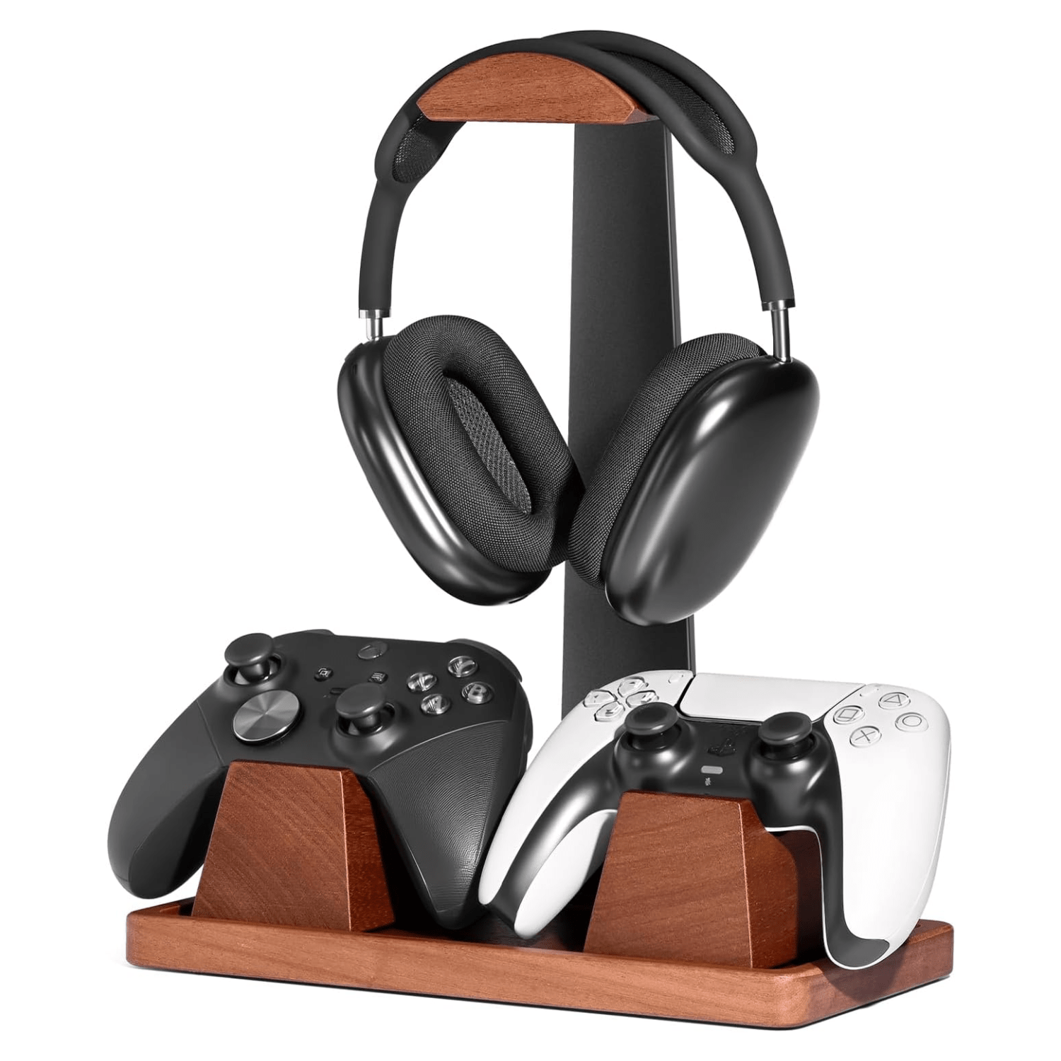 Alberenz wooden headphone stand with controller holder, front view on white