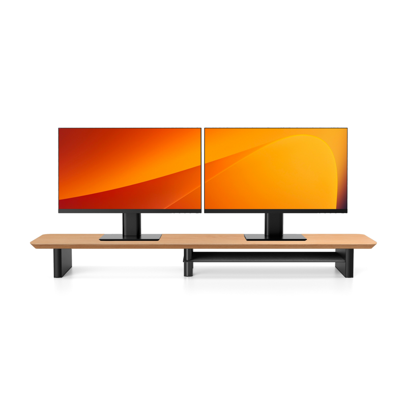 Alberenz oak monitor riser for 2 screens, front view with two screens